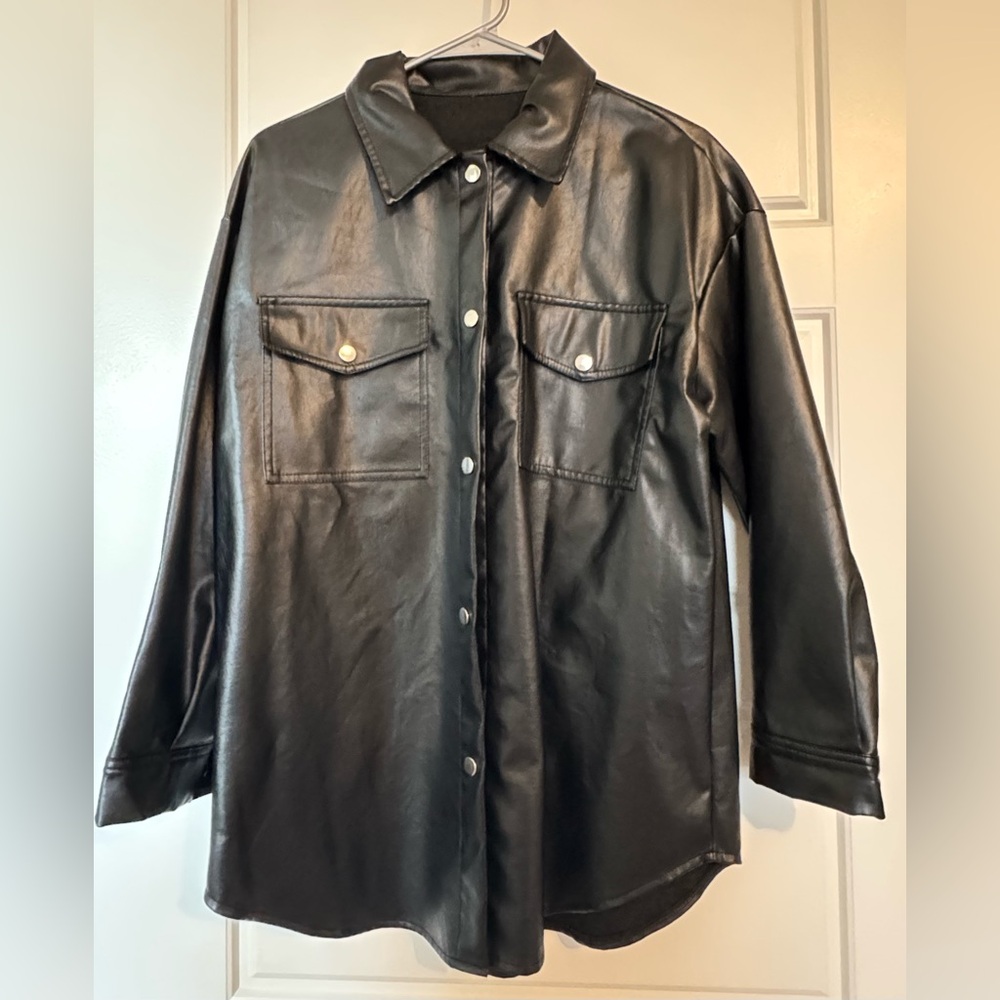 Black Faux Leather Button-Up Shacket